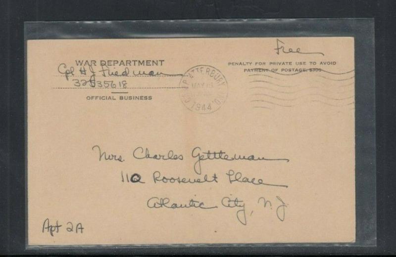 Postal Card WW 2 War Department Notice of Change of Address Form Used 1944