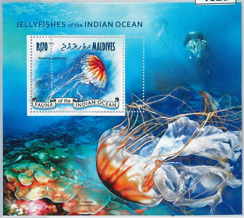 M1328  MALDIVES - ERROR, 2014 MISSPERF stamp SHEET: JELLYFISH   MARINE LIFE