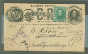 Costa Rica UY 1884 4 cent reply card + 1 cent stamp. Used from San Jose to N.Y. very early usage. Long Message