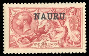 Nauru #14 Cat$125, 1916 5sh carmine, lightly hinged, slight gum toning, signe...