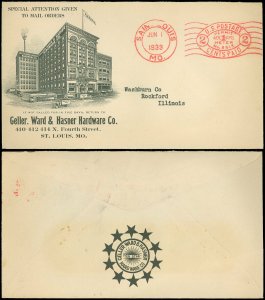 1933 St. Louis Cds, GELLER WARD HASNER HARDWARE Advert to Ill, PERMIT METER MAIL