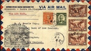 CANADA 1936 First flight cover Rimouski - Havre St Pierre then to New Zealand