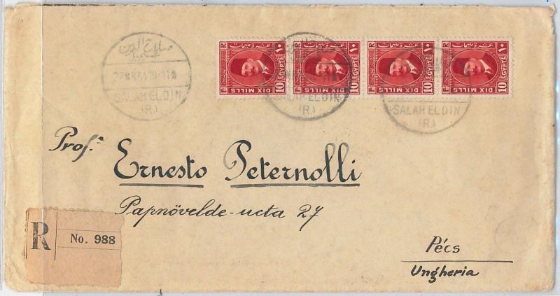 EGYPT -  POSTAL HISTORY: REGISTERED COVER to HUNGARY - 1934