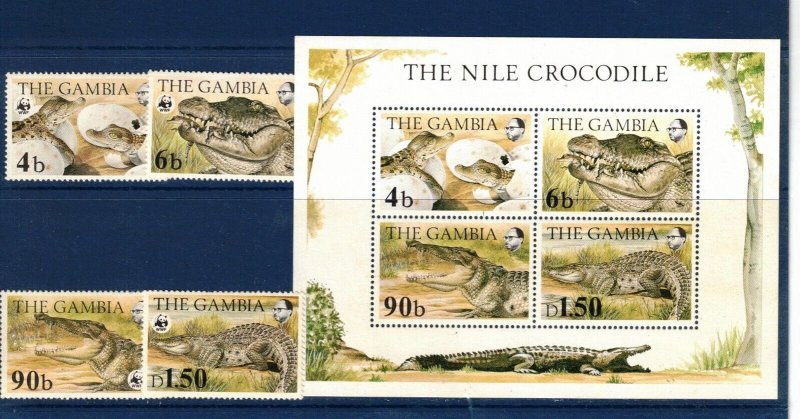 Gambia Sc 515-8+518A MNH set & S/S of 1984 - WWF - Nile Crocodile