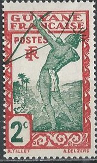 French Guiana 110 (mh, gum skips) 2c Carib archer, dk red & blue grn (1929)