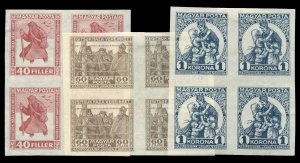 Hungary #B69-71 Cat$400, 1920 Prisoners of War, set of three imperf. blocks o...