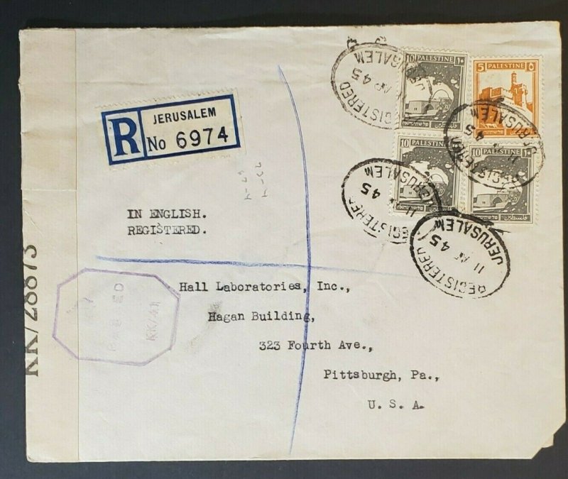 1945 Palestine to Pittsburgh PA Registered Censorship Commercial Air Mail Cover