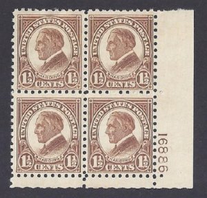 US #582 Plate Block Mint Hinge Remnant