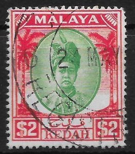 MALAYA KEDAH SG89 1950 $2 GREEN & SCARLET USED (r)