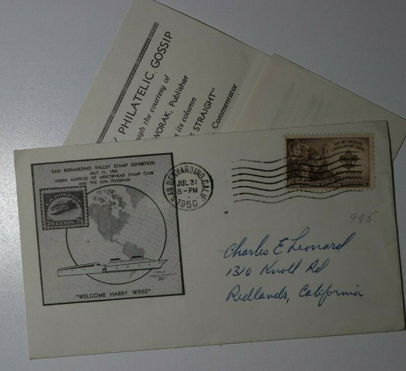 San Bernardino CA Valley Stamp 1950 Harry Weiss Philatelic Expo gossip insert