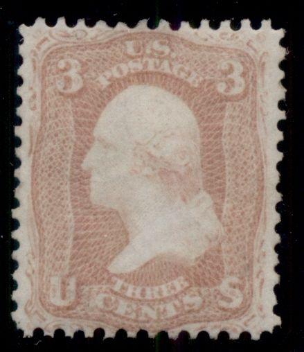 US #65 3¢ rose, unused regummed, fresh and VF, Scott for no gum $50.00