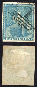 Barbados SG9 1855 1d Pale Blue on White Paper Four Margins Cat 70