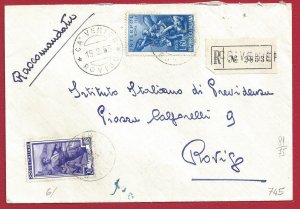 1955 Interpol n . 745 + Job 20 Lire on registered letter for Rovigo