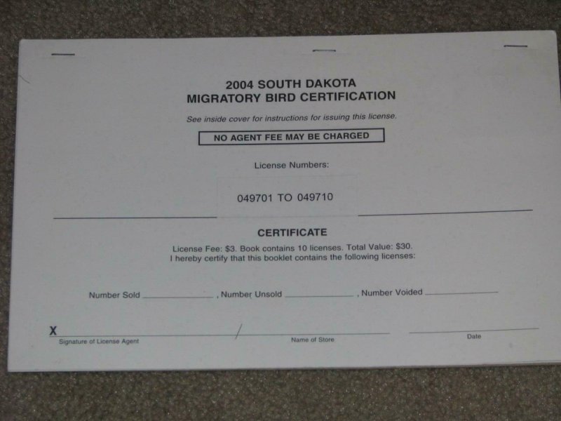 2004 SOUTH DAKOTA MIGRATORY BIRD CERTIFICATION BOOK (CONTAINS 10 LICENSES)