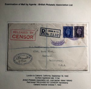 1940 London England British Philatelic Asso Censored Cover To Oakland Ca USA