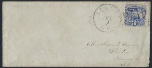 US 1869 3¢ LOGOMOTIVE TIED SENNETT NY W/ PAID CANCEL SENNETT WAS NAMED AFTER THE