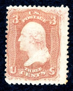 US #65 – 1861-62 3c Washington, rose.  Unused H OG Fine.