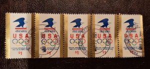 US Scott # 2539; $1. USPS, Sponsor of 1992 Olympics; used strip 0f 5; VF cent.
