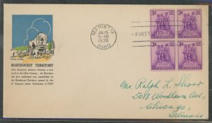 US 837 (1938) 3c Northwest Territory (block of four) on an addressed First Day cover with a Torkel Gundel cachet