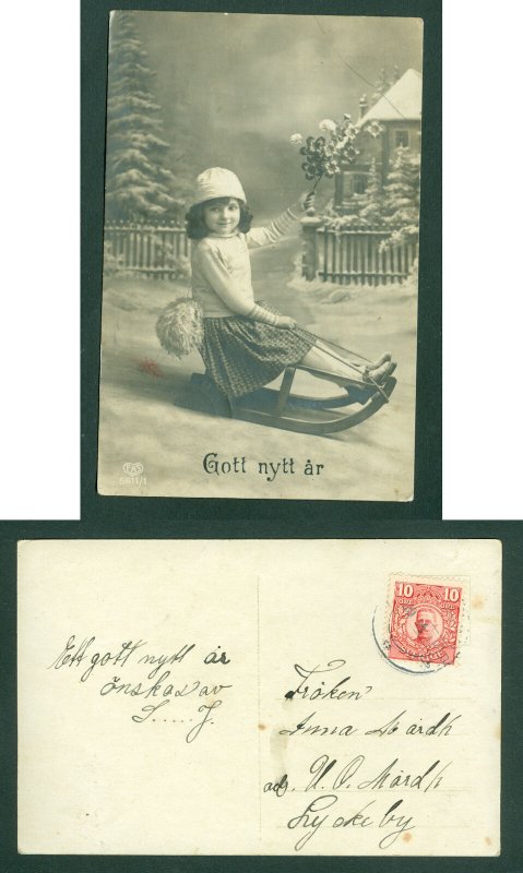 Sweden. New Year Card 1918. King 10 Ore Sc# 80. Girl,Sled,Flowers. Adr.