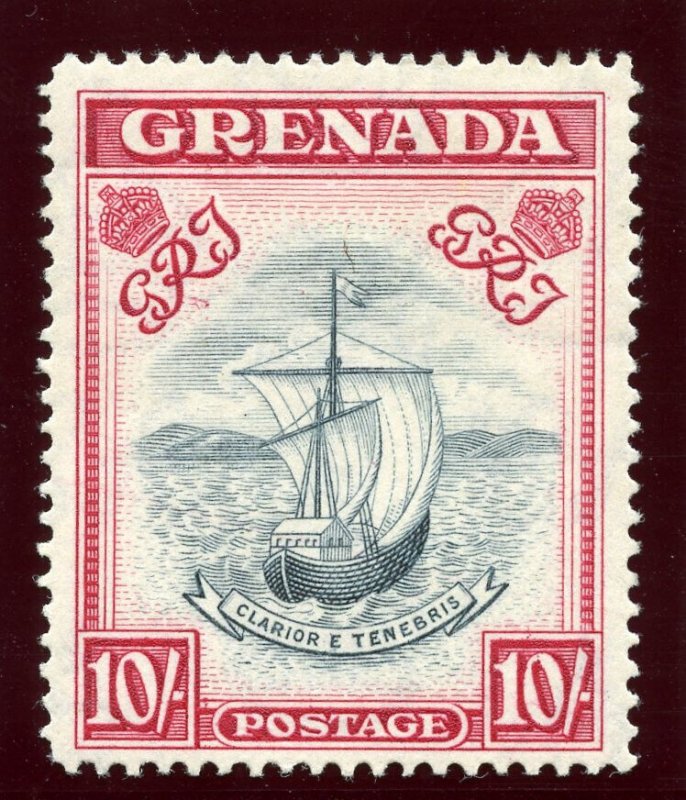 Grenada 1944 KGVI 10s bluish-slate & deep carmine MLH. SG 163d var. CW 26.