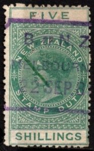 1882 New Zealand Revenue 5 Shillings Queen Victoria Stamp Duty Used