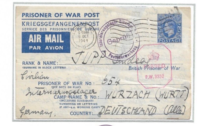 London, GB to Channel Island Civilian at Ilag V-Z in Wurzach 1944 (C5315)