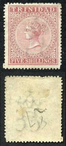 Trinidad SG87 5/- rose-lake wmk CC perf 12.5 M/M (a bit grubby on reverse) Cat