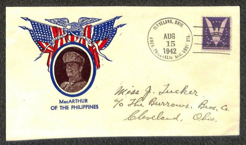 USA SCOTT #905 STAMP OHIO MacARTHUR PHILIPPINES WW2 PATRIOTIC COVER 1942