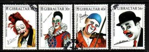 Gibraltar-Sc#901-4-used set-Europa-Famous Clowns-2002-small hinge remnant on ba