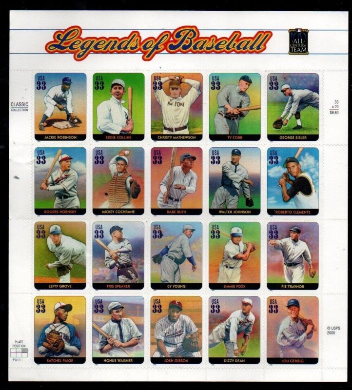ALLYS STAMPS US Scott #3408 33c Legends of Baseball - Pane [20] MNH F/VF [FP-02] 