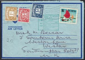 RHODESIA 1970S AIR LETTER POSTAGE DUE BECAUSE OF SANCTIONS TO U.K.