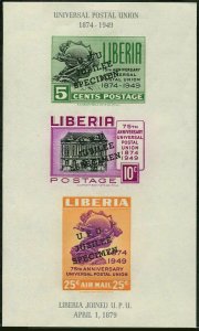 Liberia C67a SPECIMEN imperf,MNH.Mi.Bl.3. UPU-75,1949.Monument,Bern,UPU Building