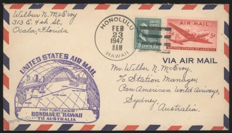 Hawaii USA 1947 Honolulu Territorial Airmail 20c Prexie DC10 Cover 109178