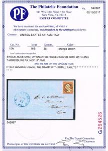 POSTAL HISTORY SCOTT #10A TYPE-II BOLD BLUE HARRISBURG, PA TIED TO COVER PF CERT