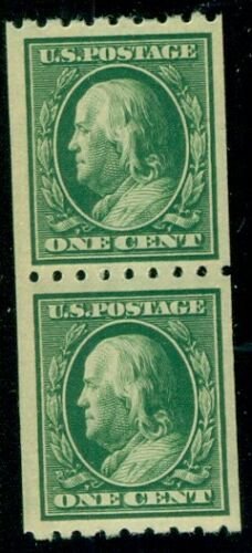 US #390, 1¢ green, p. 8 1/2, Coil Pair, og, NH, VF, Scott $22.00   