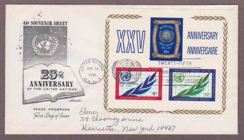 UN # 212 , 25th Anniversary UN S/S on Artmaster FDC - I Combine S/H