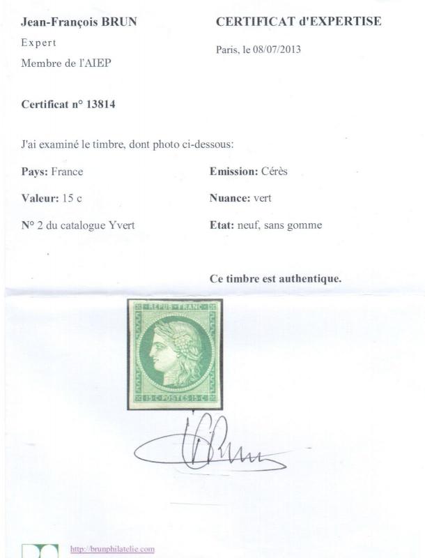 France #2 (Y & T #2) Mint Fine Unused (No Gum) **With Certificate**