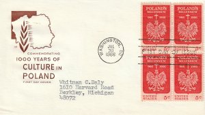 US 1313 (Me-10) 5c Polish Millennium blk 4 on FDC Farnam Cachet ECV $10.00