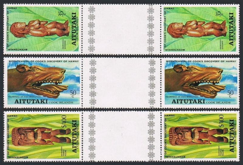 Aitutaki 160-162 gutter,162a,MNH.James Cook in Hawaii-200.Hawaiian Wood Figurine