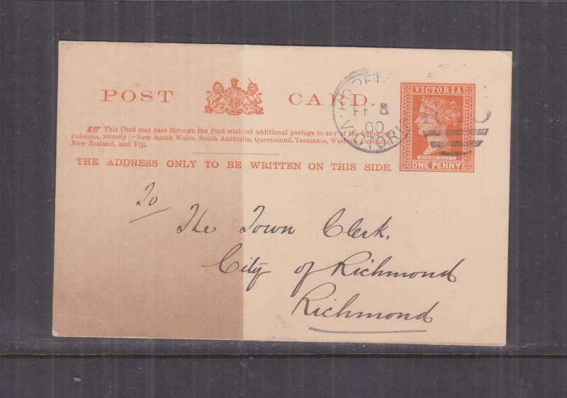 VICTORIA, POSTAL CARD, 1900 1d. Orange, HOPETOWN 1875 duplex to Richmond.