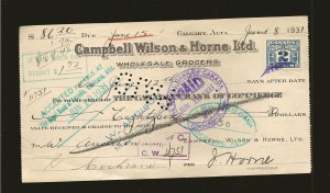 Canada SC#FX36 Excise Tax on Dated 1931 Calgary ALTA Cancel Check Used