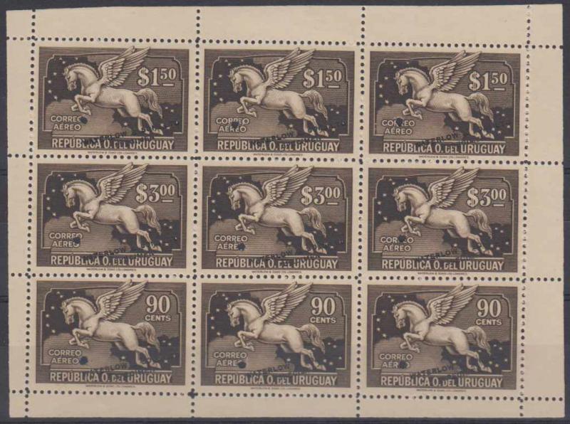 URUGUAY 1929-30 PEGASUS Sc C50, C55 & C57 SEPIA PROOF COMPOSITE SHEETx9 SPECIMEN 