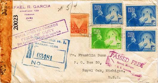 Cuba 1c and 5c (3) Retirement Security and 1/2c Victory Postal Tax 1944 Haban...