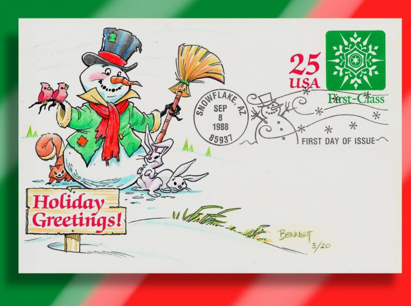 Jaunty Snowman Brings HOLIDAY GREETINGS on HD/HP FDC of U613 SNOWFLAKE Envelope!