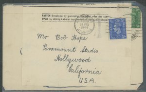 Great Britain 239 2 1/2 p King George VI Franking this February 1944 reused cover-Fan mail to Bob Hope at Paramount studio in Ho