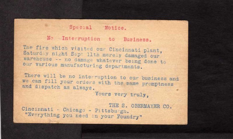 S Obermayer Co Cincinnati Ohio Prepaid 1 Cent Postal Card Fire in Plant