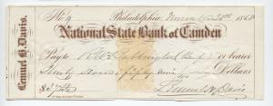 1868 National State Bank of Camden Philadelphia RN-B1 check [y2880]