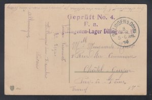 Germany 1916 WWI Prisoner of War Camp Dillingen POW Postcard Censored to France