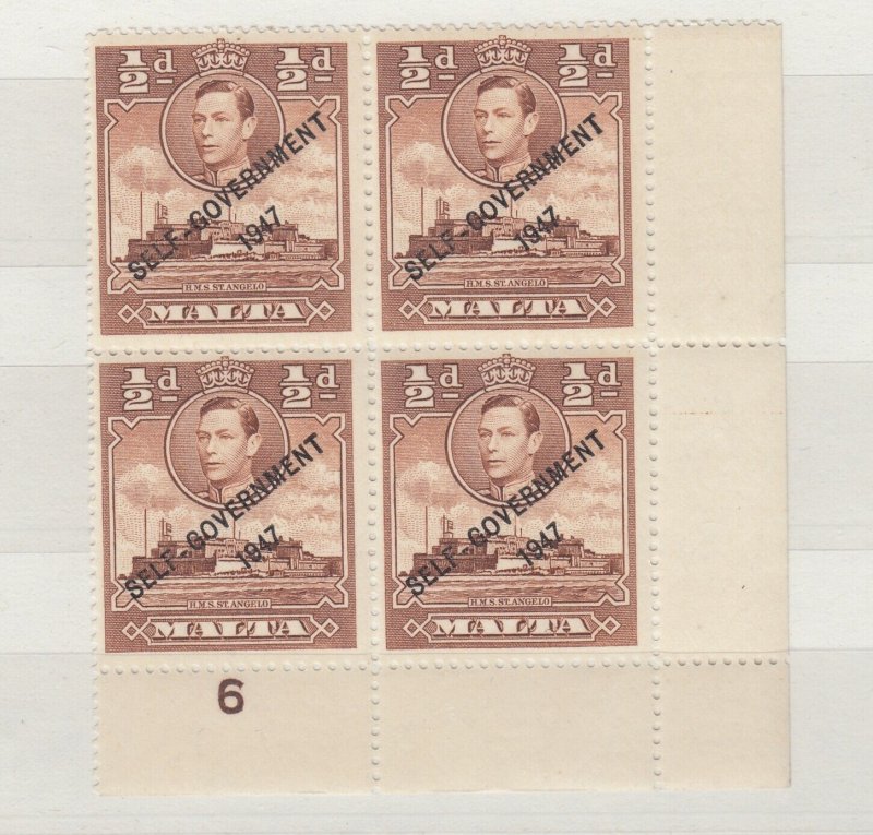 Malta KGVI 1948 1/2d Brown Block Of 4 SG235a MNH J6666